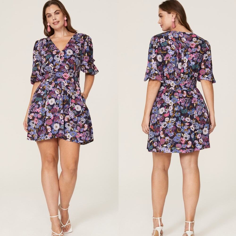 Tanya Taylor Nat Dress Silk Purple Floral Mixed Meadow V-Neckline Size 10‎ Glam